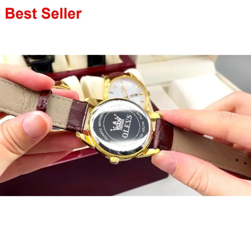 Men's Casual Leather Watch with Date, Waterproof Quartz Movement